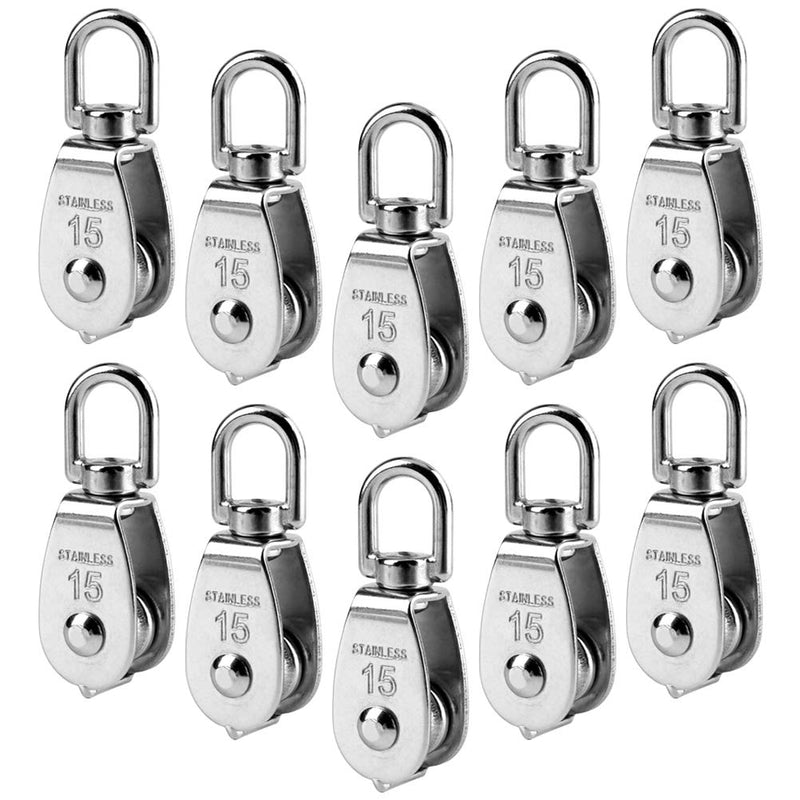 Pack of 10 Small Pulley M15, M15 Lifting Single Pulley, Stainless Steel Wire Rope Crane Pulley Block Hanging Wire Towing Pulley Wheel for Towing Traction, 35 kg Load Capacity, Silver