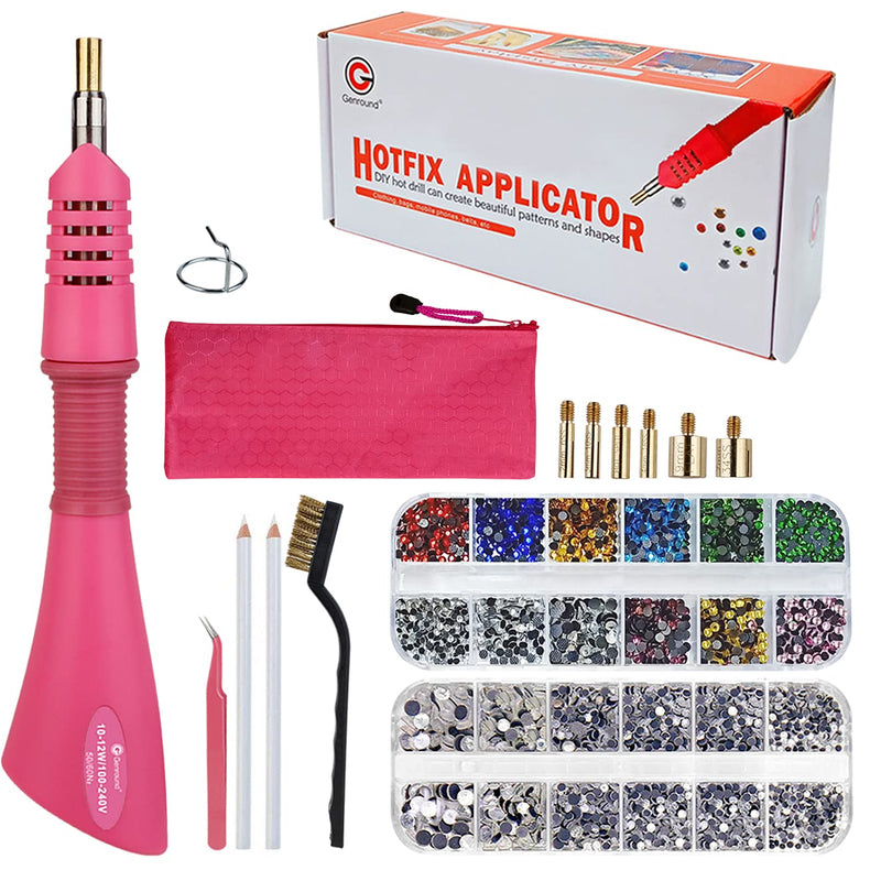 Hotfix Rhinestone Applicator, Genround Iron-on Hotfix Applicator Tool Wand Tool Set with 2 Boxes of Flat Back Gems Round Crystal Rhinestones/Storage Box/Tweezer/Gems Picking Pen for Clothes Shoes Card Pink -2 Boxes of Gems