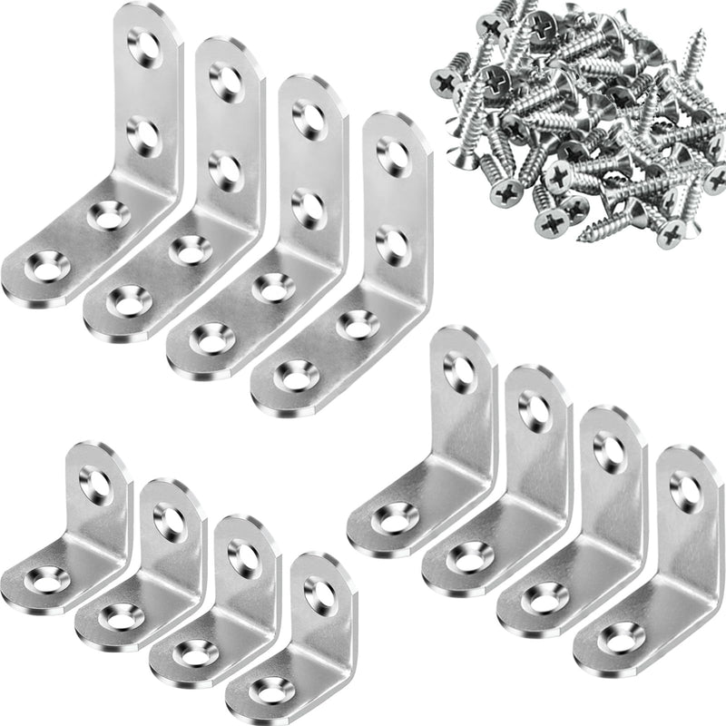 3 Sizes Stainless Steel Corner Braces L Bracket 90 Degree Right Angle Bracket Joints L Shaped Corner Bracket Fastener with Screws, 12 Sets 3 size/ 1in/ 1.2in/ 1.57in