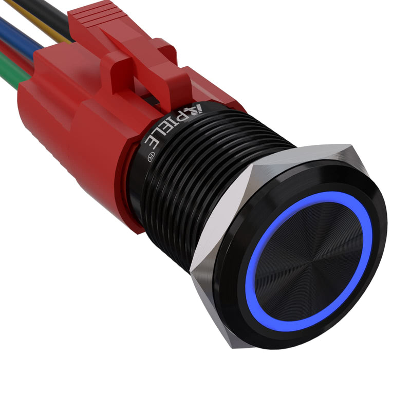 APIELE 16mm Latching Push Button Switch 12V DC On Off Black Shell with LED Angel Eye Head for 0.63" Mounting Hole with Wire Socket Plug Self-Locking (Blue/Black Shell) Black Shell-Blue