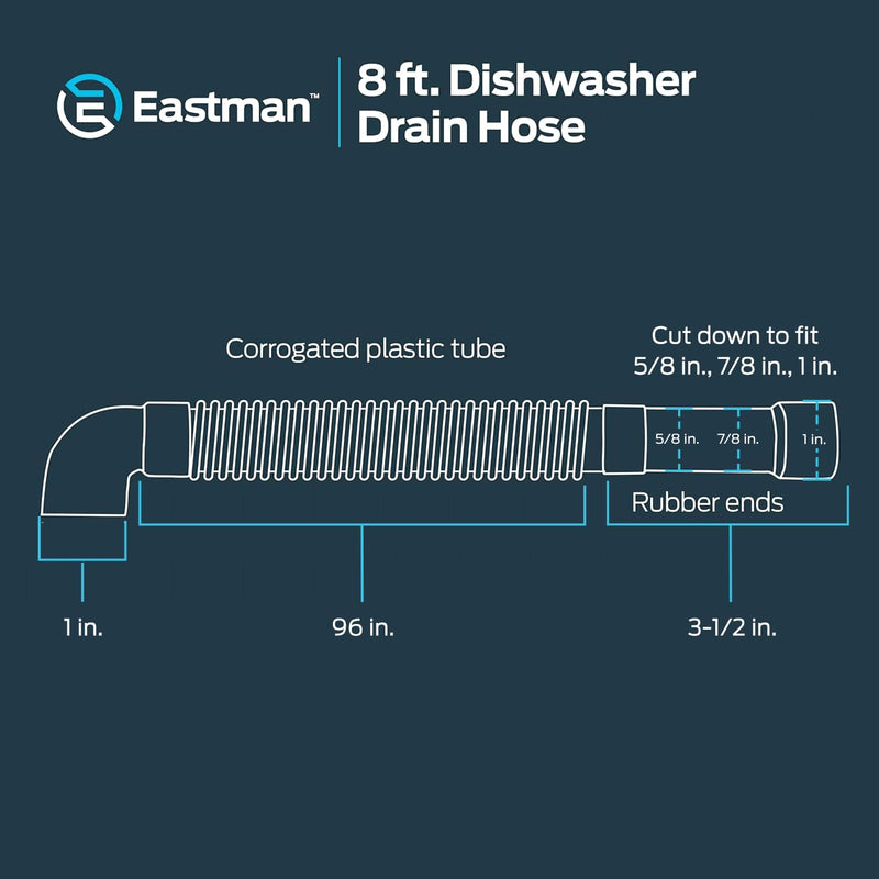 Eastman 8 Foot Dishwasher Drain Hose, Universal Fit with 5/8 Inch, 7/8 Inch, or 1 Inch OD Drain Outlet, 90 Degree Rubber Elbow, Corrugated, Gray PVC, 91218 8 Ft. - NewNest Australia