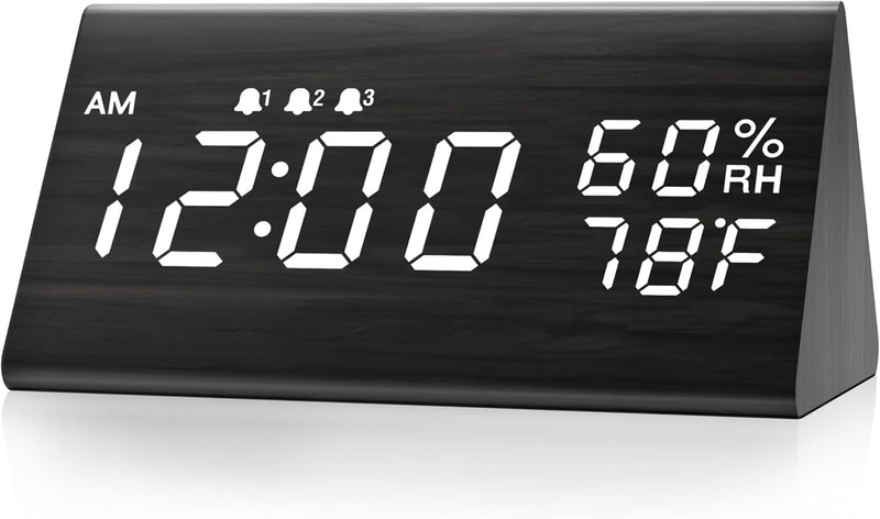Digital Alarm Clock, with Wooden Electronic LED Time Display, 3 Alarm Settings, Humidity & Temperature Detect, Wood Made Electric Clocks for Bedroom, Bedside (Black) Black