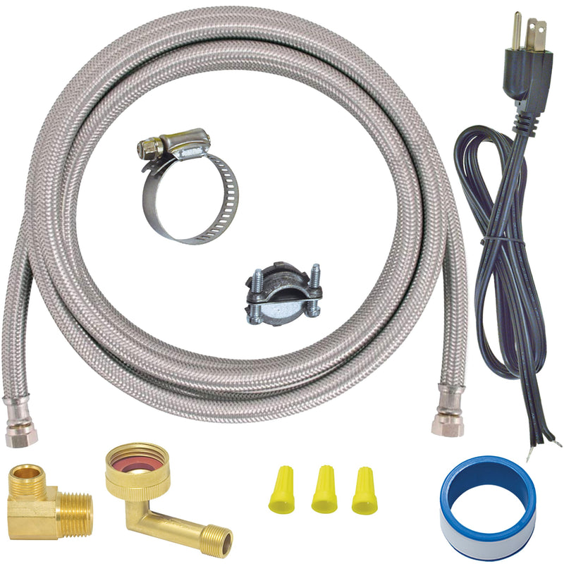 Eastman Dishwasher Installation Kit, 6 Foot Supply Line, 3/8 Inch x 3/8 Inch Compression, 6 Foot 3-Prong Straight Power Cord, Braided Stainless Steel Dishwasher Connectors, 41150 Straight cord
