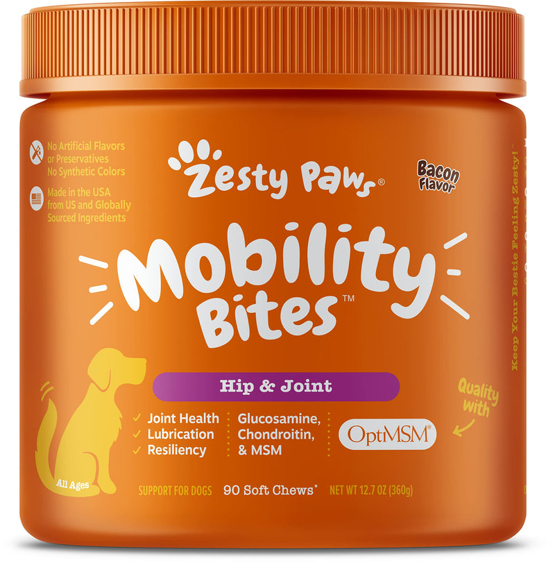 Zesty Paws Glucosamine for Dogs - Hip & Joint Health Soft Chews with Chondroitin & MSM - Functional Dog Supplement for Pet Mobility Support with Kelp + Vitamins C and E for Hips & Joints Bacon 90 Count (Pack of 1) - PawsPlanet Australia