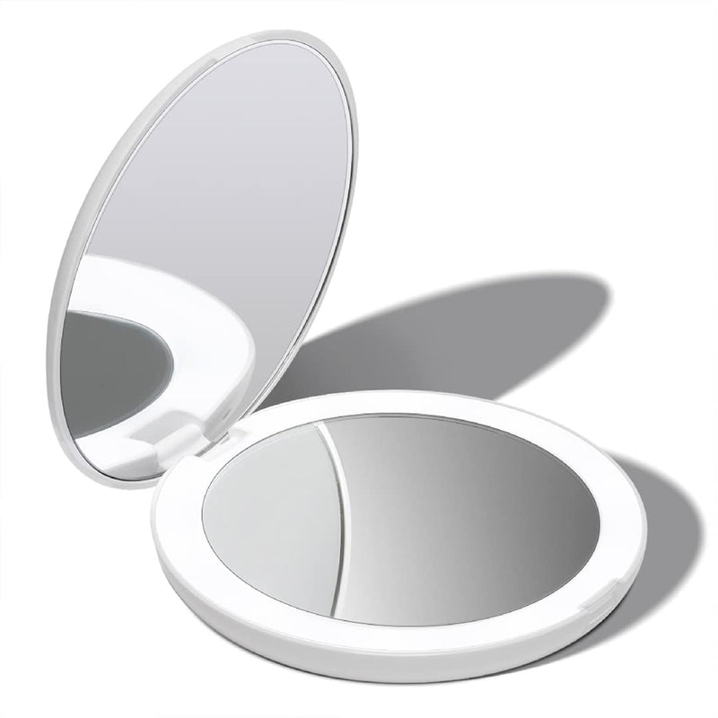 Fancii LED Lighted Travel Makeup Mirror, 1x/10x Magnification - Daylight LED, Compact, Portable, Large 5" Wide Illuminated Folding Mirror (Lumi) White