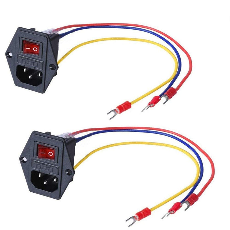 15A 250V Rocker Switch On/Off Power Socket Inlet Module Plug 10A Fuse Switch with 18 AWG Wiring 3 Pin - 2pcs