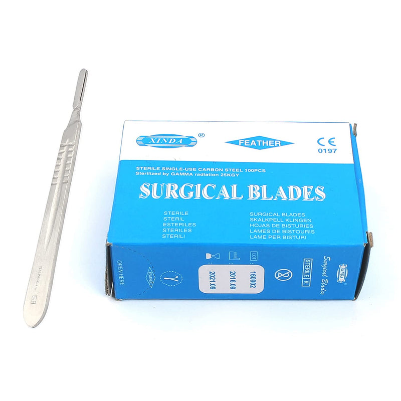 100 Scalpel Blades #24 Sterile Carbon Steel + 1 Scalpel Handle #4