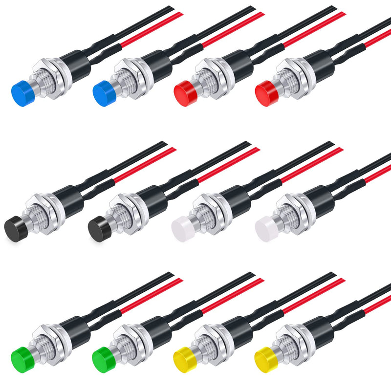 Twidec/12PCS 12V 250V Momentary Push Button Switch 2 Pins SPST 7mm 6 Colors Normal Open 1A Mini Round Button Switch with Pre-soldered Wires PBS-110-X6C Blue+Red+Black+White+Yellow+Green