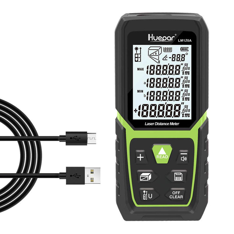 Huepar Laser Distance Meter 393Ft with Li-ion Battery & Electric Angle Sensor, Backlit LCD Laser Measure M/in/Ft with High Accuracy Multi-Measurement Modes, Pythagorean, Distance, Area&Volume 393Ft. Single Red Laser Measure LM120