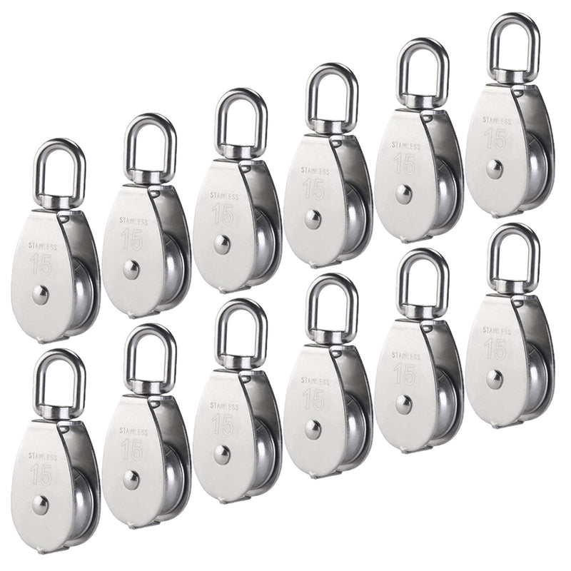 12Pcs Single Pulley Block (M15), AUHOKY 304 Stainless Steel Hanging Wire Towing Wheel, Swivel Lifting Wire Rope Cable Pulley Roller, Max-Load 35kg/77lbs 12 Pcs