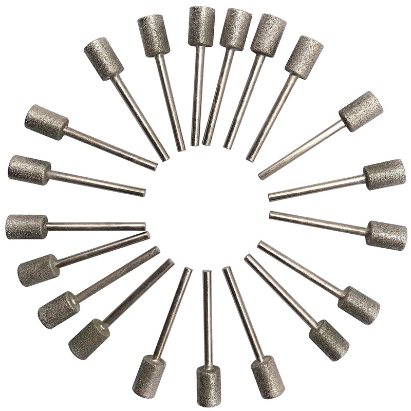 20Pcs Diamond Grinding Bits, 8mm Cylinder Head, 3mm Shank, 45mm Long Diamond Coated Burr Mounted Point 3mm Shank Cylinder