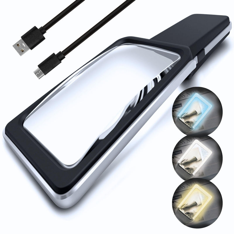 MagniPros Patented 6X Rechargeable Magnifying Glass with 3 Color Light Modes & Anti-Glare Lens - Relieve Eye Strain | Perfect for Low Vision Seniors, Macular Degeneration & Fine Print Black
