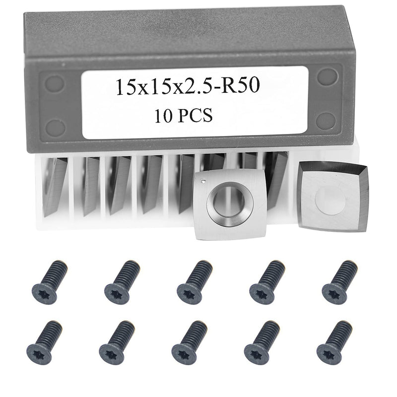 15mm Square Tungsten Carbide Replacement Cutter Inserts Knives 15 x 15 x 2.5mm-4 Edges with 2" Face Radius fit for Woodworking Helical Planer Head and CNC or DIY Wood Lathe Turning Rougher Tools 10pcs