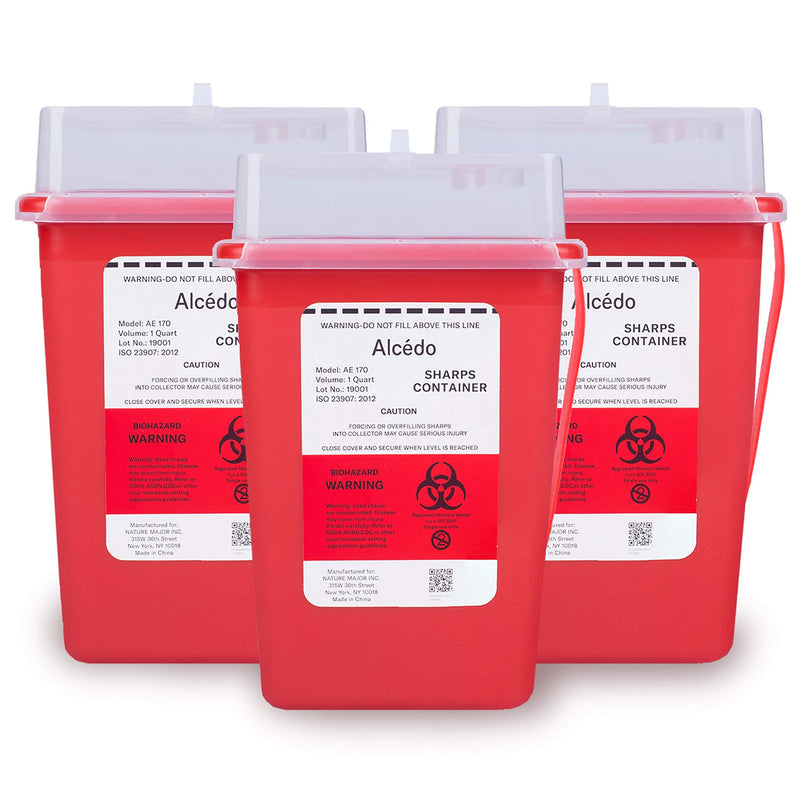 Sharps Container for Home Use and Professional 1 Quart (3-Pack) by Alcedo | Biohazard Needle and Syringe Disposal | Small Portable Container for Travel 3