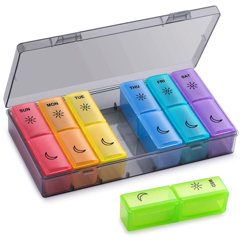 BUG HULL Pill Organizer 2 Times a Day, Large Weekly Pill Box AM PM, 7 Day Pill Case, Day and Night Vitamin Containers for Vitamins, Pill Holder for Supplements Multicolor 8 Piece Set