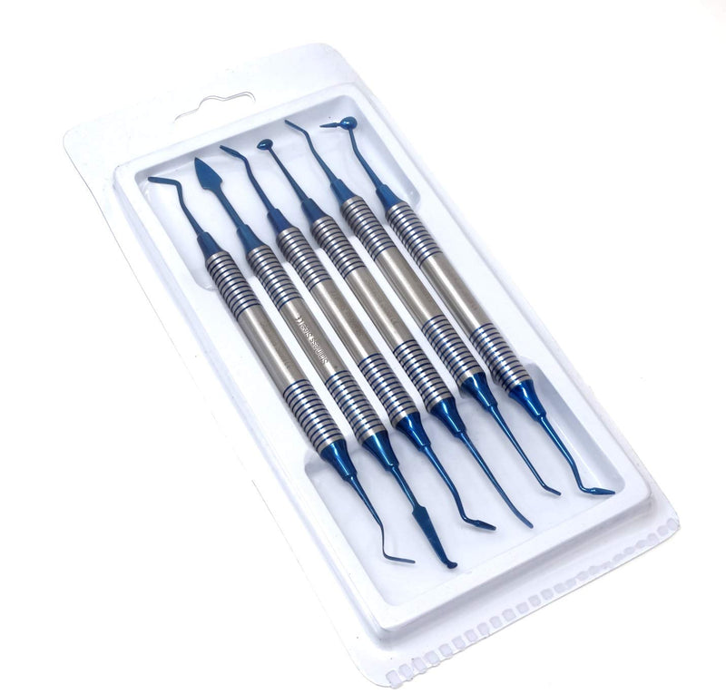Set of 6 Dental Composite Placement Instruments Hand Carving Dentistry Kit, Blue Titanium Coated Tips, Stainless Steel Kit
