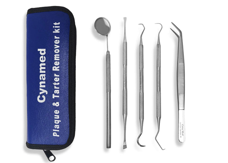 CynaMed Dental Tools Oral Care Kit (5-Pack) – Stainless Steel Dental Pick, Tartar Scraper, Scaler, Tweezers, and Mouth Mirror for Personal & Pet Use Pack of 5