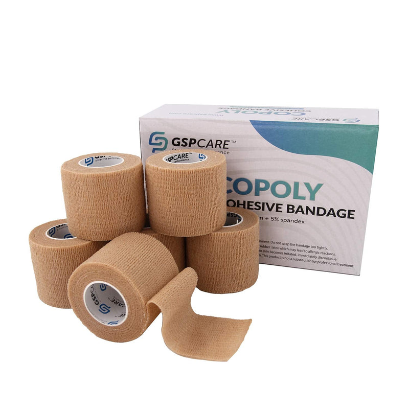 Self Adherent Cohesive Bandages Wrap 6 Count 2" x 5 Yards, Medical Tape, Adhesive Flexible Breathable First Aid Non Woven Rolls, Stretch Athletic, Ankle Sprains & Swelling, Sports Beige 6 Count (Pack of 1)