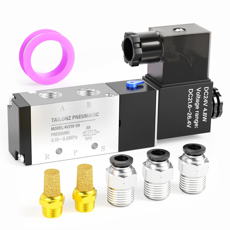 TAILONZ PNEUMATIC 1/4"NPT Solenoid Valve 4V210-08 DC24V Single Coil Pilot-Operated Electric 2 Position 5 Way Connection Type Junction Box 1/4"NPT/DC24V/Junction Box
