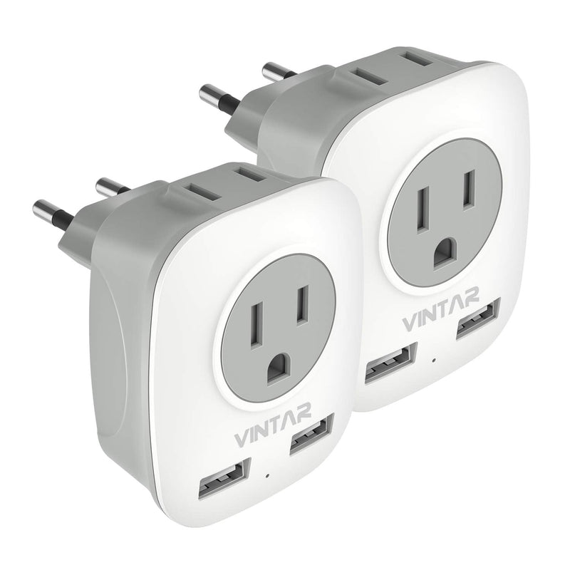 2 Pack European Travel Plug Adapter, VINTAR International Power Plug Adapter with 2 USB Ports,2 American Outlets- 4 in 1 Outlet Adapter,Travel Essentials to Italy,Greece,France, Spain (Type C) Type C - Most of Europe