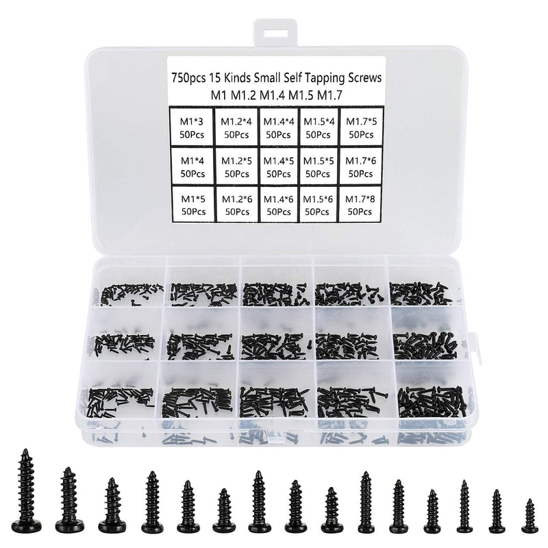 750pcs Black Tiny Screws for Electronics, M1, M1.2, M1.4, M1.5, M1.7 Very Small Phillips Pan Head Self Tapping Screws, Micro Wood Screws, Mini Electronic Screws Assortment Kit-Carbon Steel Black:M1-M1.7 Tiny Screws