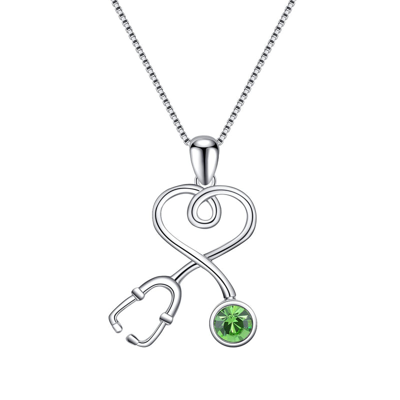 AOBOCO Stethoscope Necklace 925 Sterling Silver Embellished with 12 Months Birthstone Crystals from Austria, Graduation Gifts Medical Jewelry for Doctor Nurse Medical Student RN 925 Silver - Peridot Green