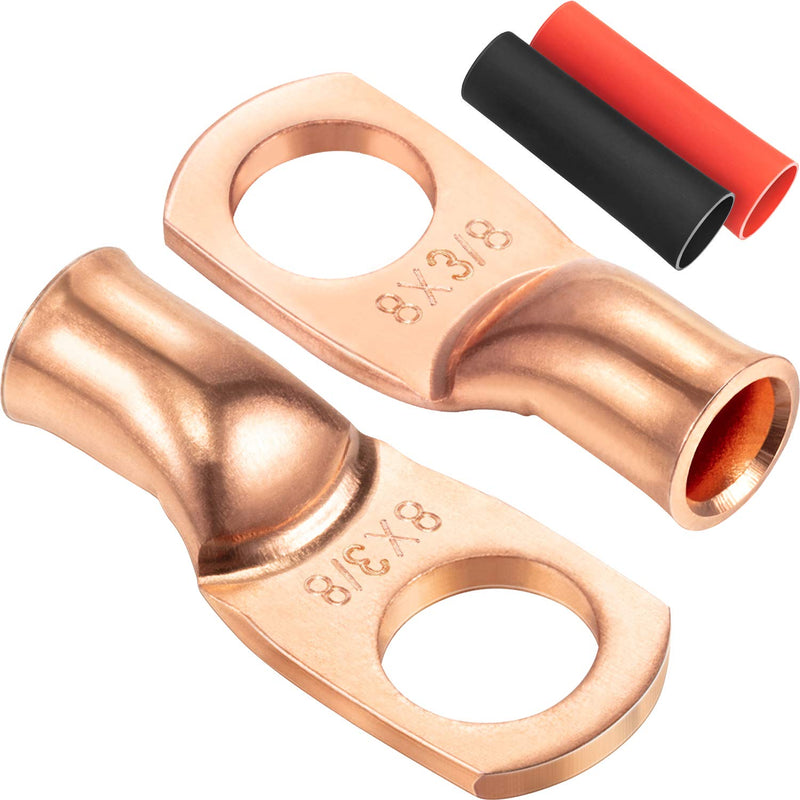 Maxdot 10 Pack UL Test Wire Lugs 8 Gauge Stud Ring Terminals Heavy Duty Copper Crimp Lugs Welding Cable Bare Copper Eyelet Lug with Heat Shrink Black, Red(8 AWG 3/8 Ring)