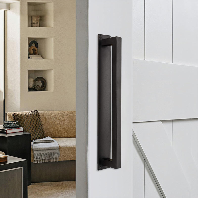 Homode Barn Door Handle, 12" Rustic Pull Handle Heavy Duty, Matte Black Square Door Pull with Flush Long Base, for Sliding Barn Door, Gate, Shed, Garage Rectangular Pull Handle