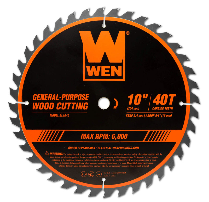 WEN BL1040 10-Inch 40-Tooth Carbide-Tipped Professional Woodworking Saw Blade for Miter Saws and Table Saws Standard