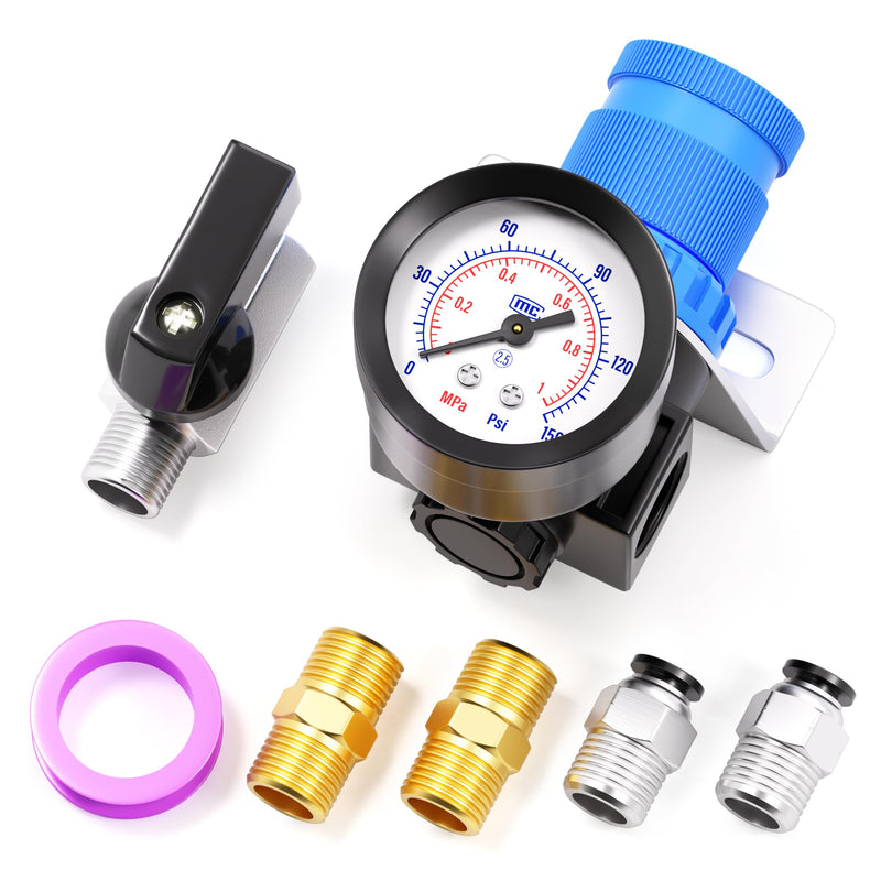 TAILONZ PNEUMATIC 5-in-1 1/4 Inch NPT AR2000 Mini Pressure Regulator Kit for Compressed Air Systems, Adjust 0 to 145 Psi Regulation