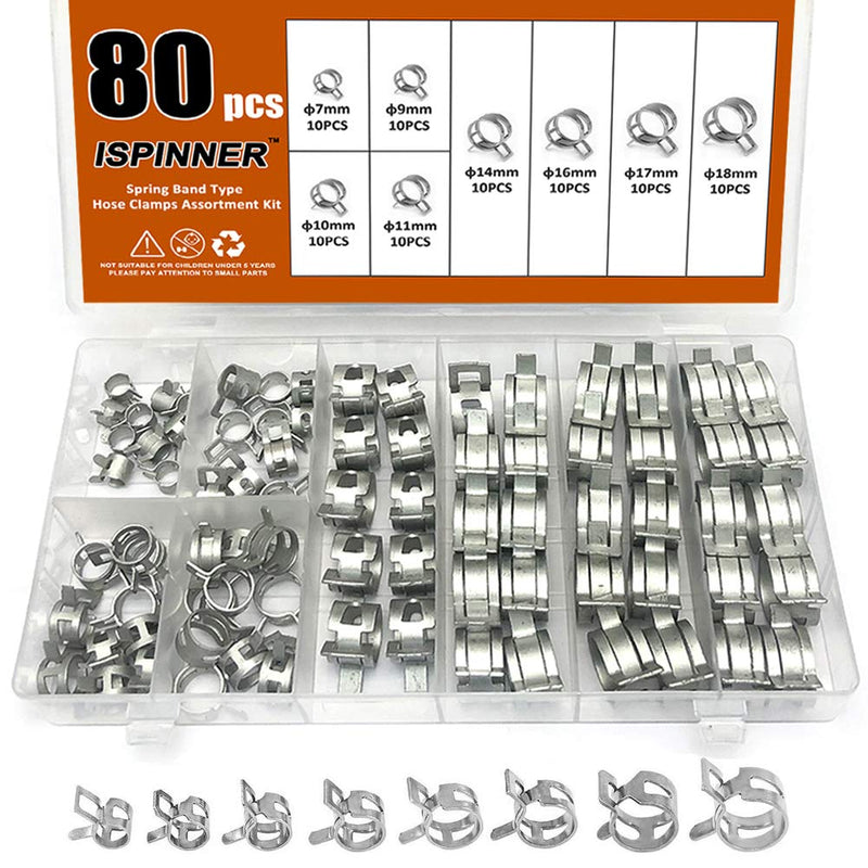ISPINNER 80pcs Spring Band Type Fuel/Silicone Vacuum Hose Pipe Clamp, 7mm-18mm Low Pressure Air Clip Clamp 7mm 9mm 10mm 11mm 14mm 16mm 17mm 18mm (Silver) Silver