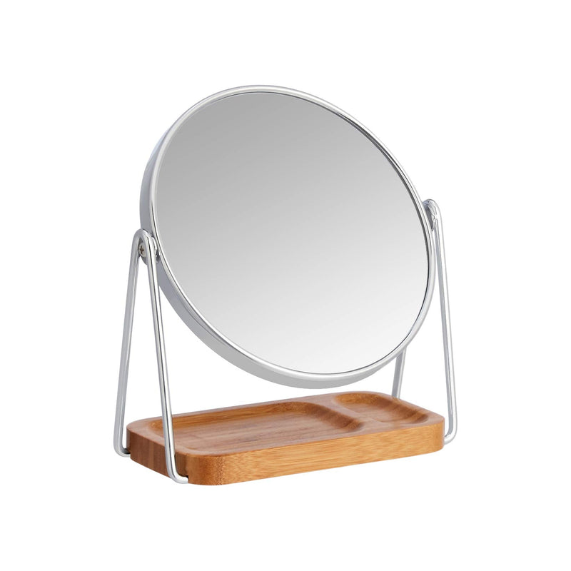 Amazon Basics Vanity Round Tabletop Mirror with 360° Rotation, Double Sided 1x/5x Magnification, Chrome Finish, Squared Bamboo Tray, 7.2"L x 3.35"W 7.2"L x 3.4"W Chrome Rim with Bamboo Base