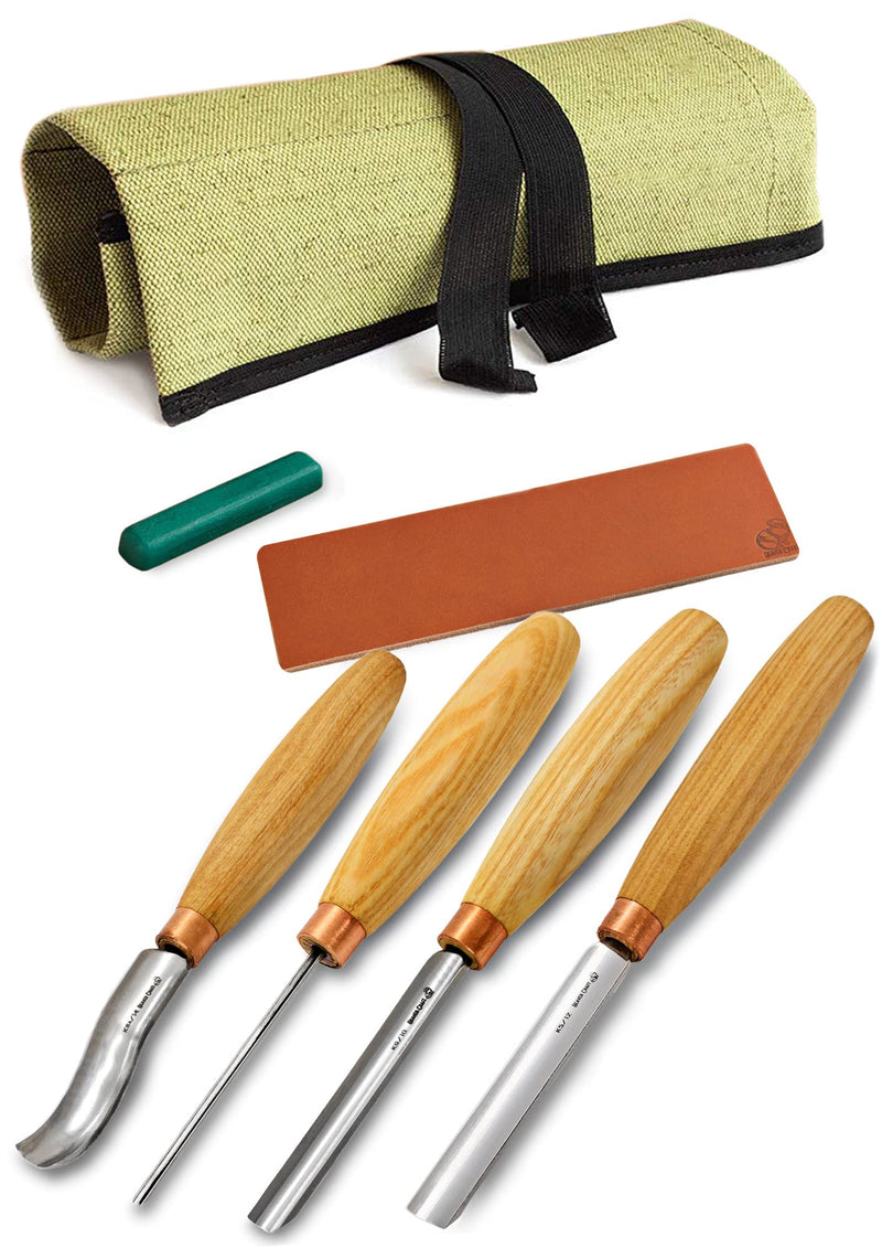 BeaverCraft Wood Carving Chisel Set SC01 - Gouge Wood Carving Tools Kit in Rolling Pouch with Leather Strop Polishing Compound Kit - Radial Gouges Flat Chisel Bent Gouge (Chisel Set)