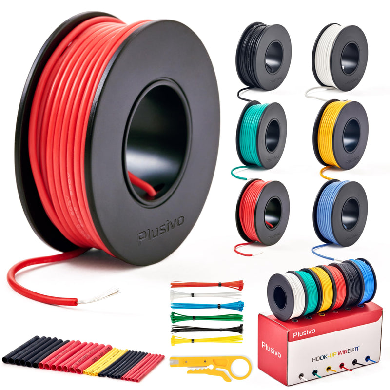22 AWG Stranded Wire Kit – Silicone Coated Copper Wires 22 Gauge Pre-Tinned 23ft/7m Each Spool, 6 Colors (Black, Red, Yellow, Green, Blue, White), Electrical Jumper Wire Hook Up Wire Kit from Plusivo 6 colors each 23ft/7m