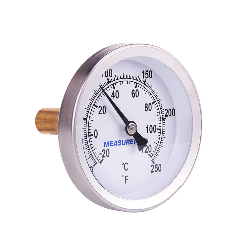 MEASUREMAN Hot Water Bi-Metal Thermometer, 2-1/2" Dial, 1-3/4" Lead-Free Brass Stem, Range 0-250 deg F/-20-120 deg C, 2% Accuracy, Adjustable, 1/2" NPT Back Mount 1-3/4" Stem