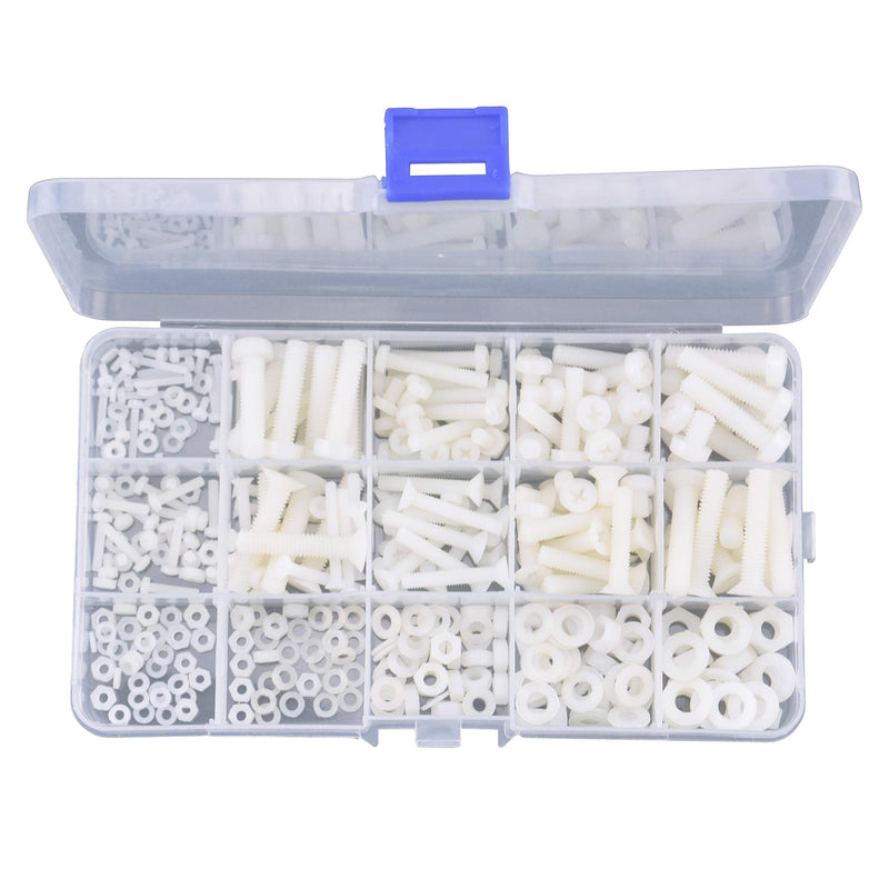 M2 M2.5 M3 M4 M5 M6 Nylon Screws Nuts Washers Assortment Kit with Screw Storage Box(420PCS)