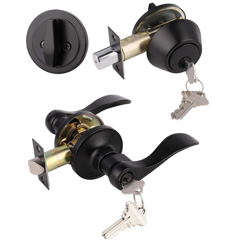 1Pack Exterior Door Lever Lockset with Single Cylinder Deadbolt Black Door Handle with Deadbolt Lock Set Keyed Alike, Matte Black Finished 1 Pack