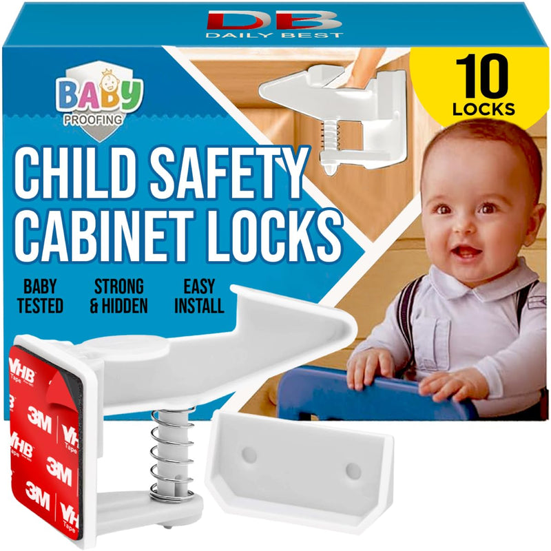 Cabinet Locks for Babies - Child Safety Latches 10 Pack - Invisible Adhesive Baby Proofing Drawer Locks - Works with Most Cabinets and Drawers - No Drilling Installation - (White) White