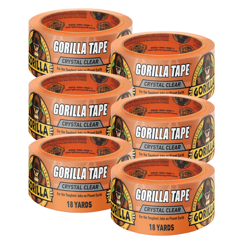 Gorilla Crystal Clear Tape, 1.88” x 18 yd (Pack of 6) - Weather Resistant for Indoor or Outdoor Projects and Repairs