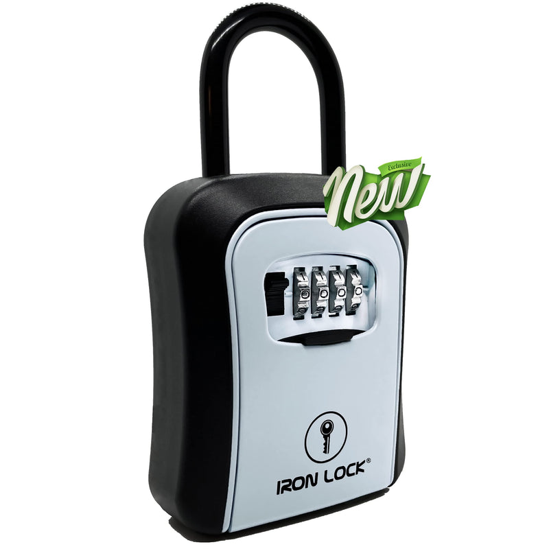 Iron Lock® - Key Lock Box Portable and Wall Mounted with Removable Shackle Indoor Outdoor Waterproof 4 Digit Combination with Resettable Code with A B Switch Key Lockbox for Outside Hold 5 Spare Keys Gray Medium-U