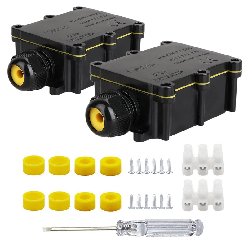 Helunsi 2 Pieces Waterproof IP68 External Junction Box, 2 Way Outdoor Junction Box, Underground Plug Line Coaxial Cable Connector Wire Range 5 to 15mm Electrical Power Cord Weatherproof Boxes - Black Black-2pcs