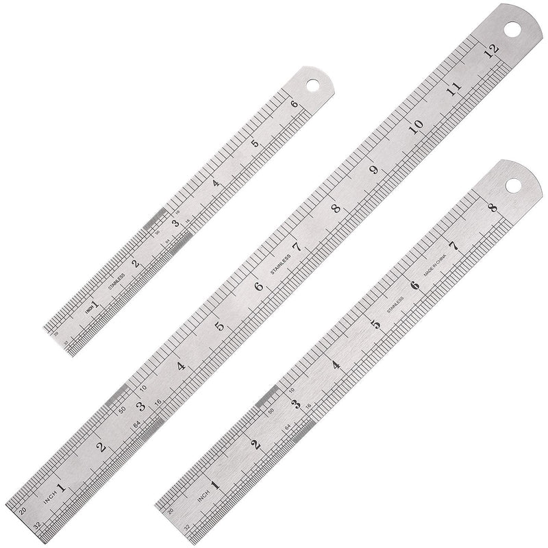 Elisel 3 PCS Stainless Steel Ruler Set with Inch and Metric Graduation, 12 Inch, 8 Inch and 6 Inch(Silvery) Silvery