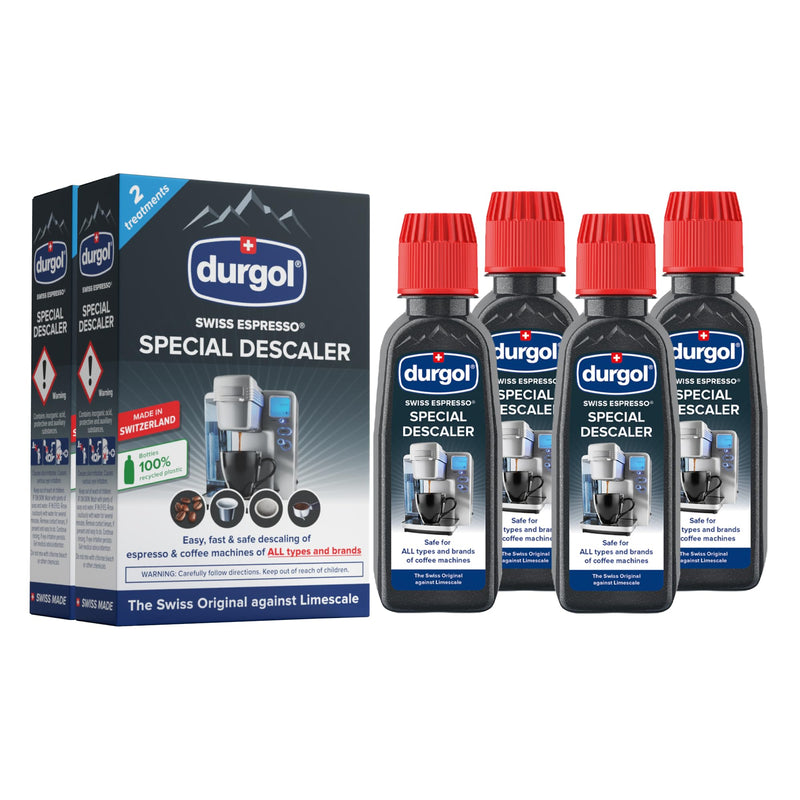 Durgol Swiss Espresso, Descaler and Decalcifier for All Brands of Espresso Machines and Coffee Makers, 4.2 Fluid Ounces (Pack of 4) 4.2 Fl Oz (Pack of 4)