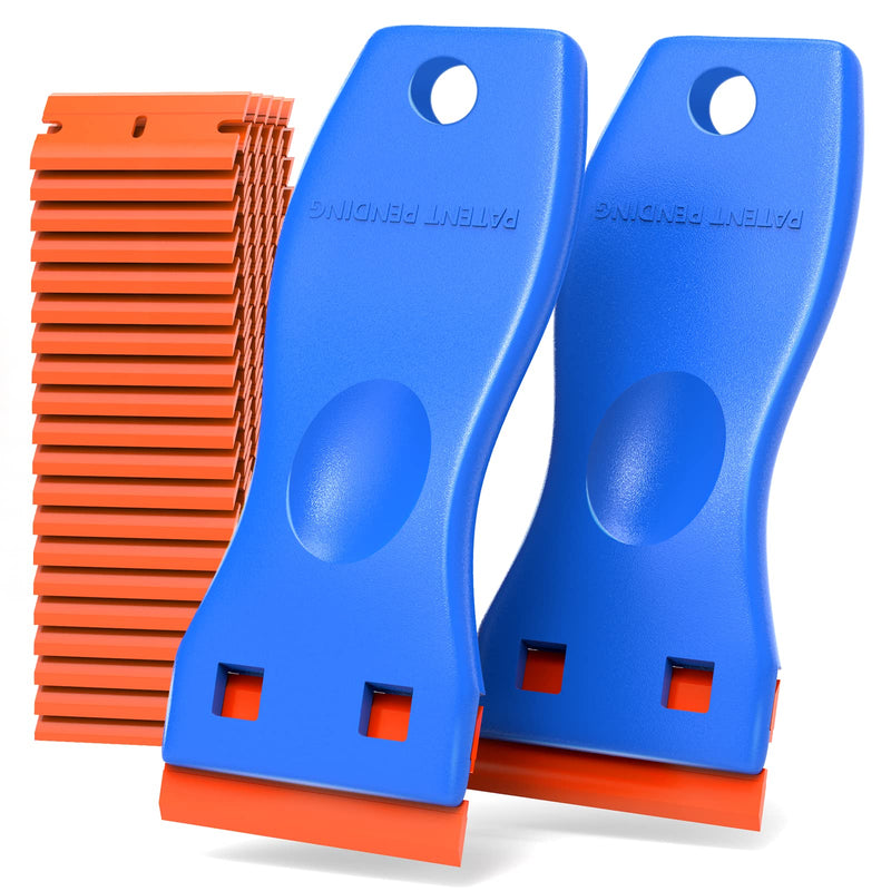 Plastic Razor Blades Scraper Tool - 2 Pack Wall Paint Remover with 100 Pcs Plastic Blades Kit No Scratch Car Window Glass Wood Sticker Removal Floor Stove Kitchen Vinyl Adhesive Decal Tape Cleanings Light blue