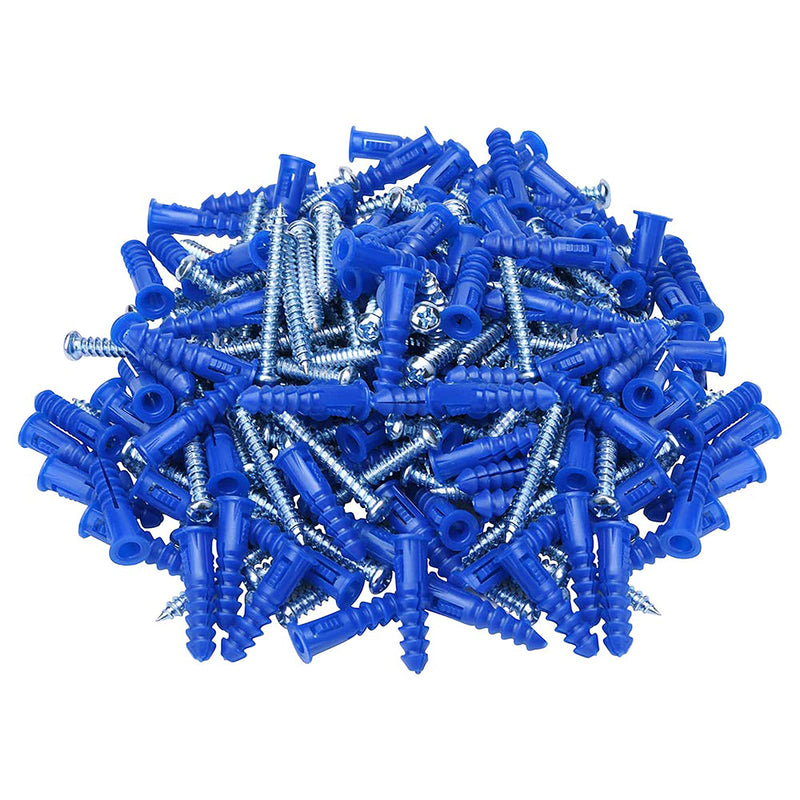 Ribbed Wall Anchors #10-#12 1-1/4-Inch with Screws 100-Pack, Blue, Plastic Anchor for Drywall/Concrete, Pan Head Phillips Screw Included 1-1/4" BLUE 100-PACK