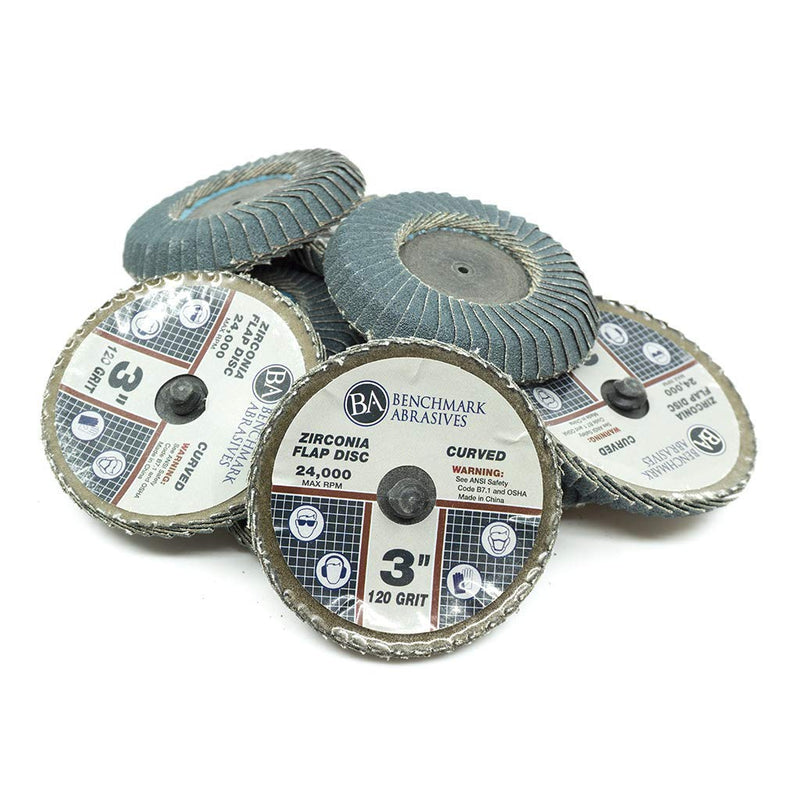 Benchmark Abrasives 3" Quick Change Zirconia Flap Disc Curved Grinding Wheel w/Male R-Type Back Design - Cleaning Finishing Deburring of Irregular Surfaces for Die Grinder & More (10 Pack) 120 Grit
