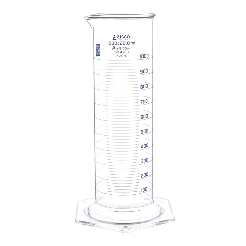 Eisco Labs - Measuring Cylinder, 1000mL - Class A - Squat Form, ISO 4788 Certified, Graduated Glass Cylinder for Lab Use, Precise Liquid Measurement, Scientific Glassware for Chemistry & Research Labs