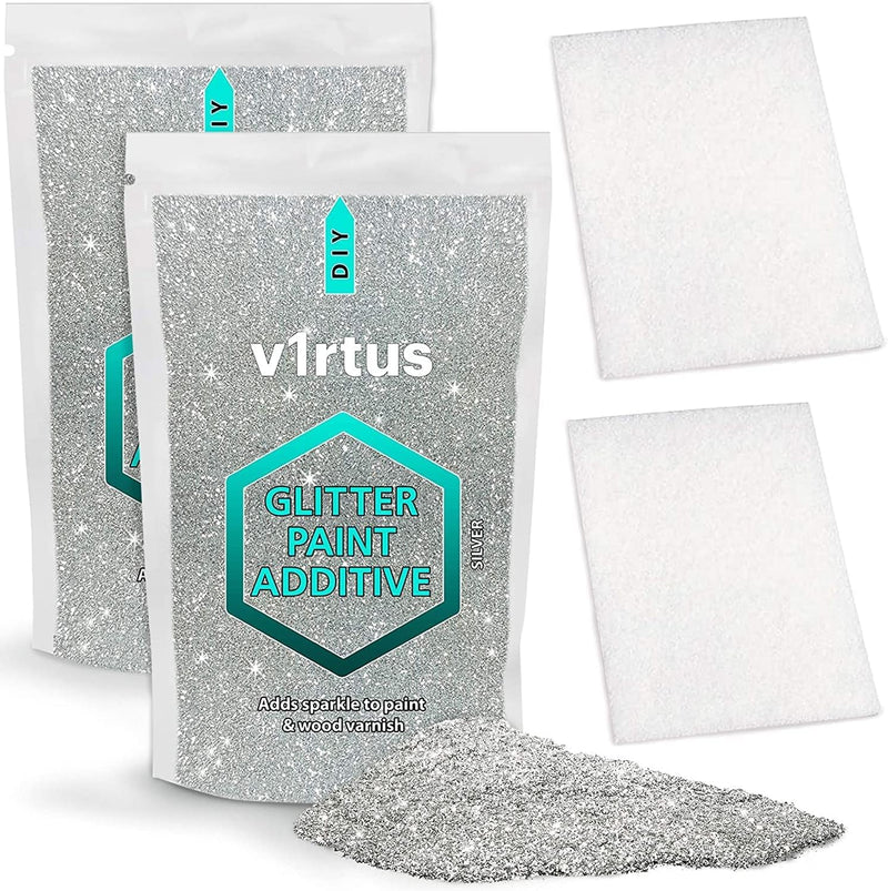 Silver Glitter Paint Additive [200g] New 2021-2 X Finishing Buffing Pads Included - Mix with Any Acrylic Paint for Perfect Luminous Finish on Interior or Exterior Walls, Ceilings, and Wood Silver Holographic