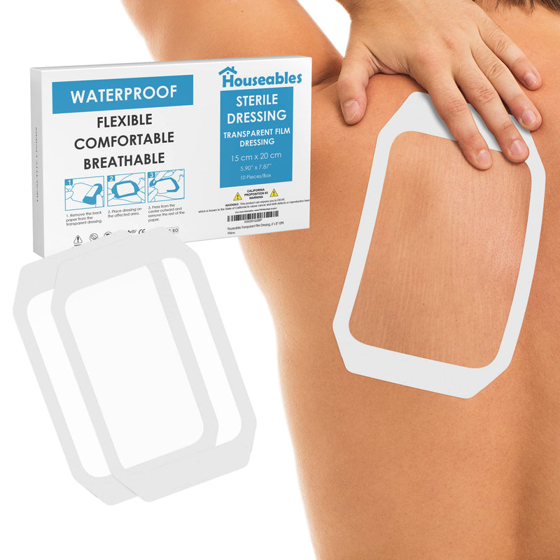Houseables Waterproof Bandages, Transparent Film Dressing, Waterproof Bandages Post Surgical, 6x8, Dressing Waterproof, Waterproof Wound Cover, Surgical Bandage, Transparent Dressing, Showering, Large Clear - 10 Pack 5.9x7.87 Inch (Pack of 10)
