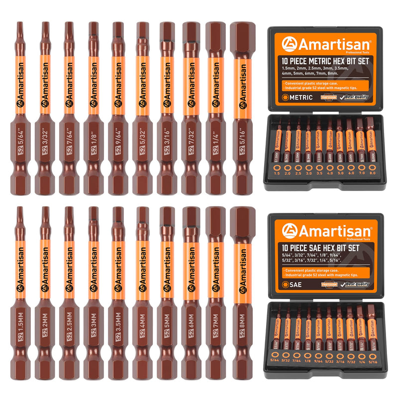 Amartisan 20-Piece Hex Head Allen Wrench Drill Bit Set, Metric and SAE S2 Steel Hex Bits Set, Magnetic Tips, 2.3" Long With Storage box. 20-Piece Hex Bit Set